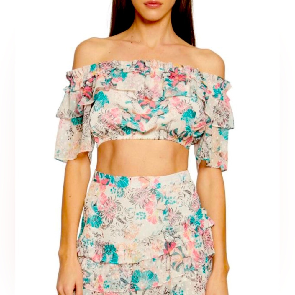 Walter Baker floral ruffle off the shoulder crop top